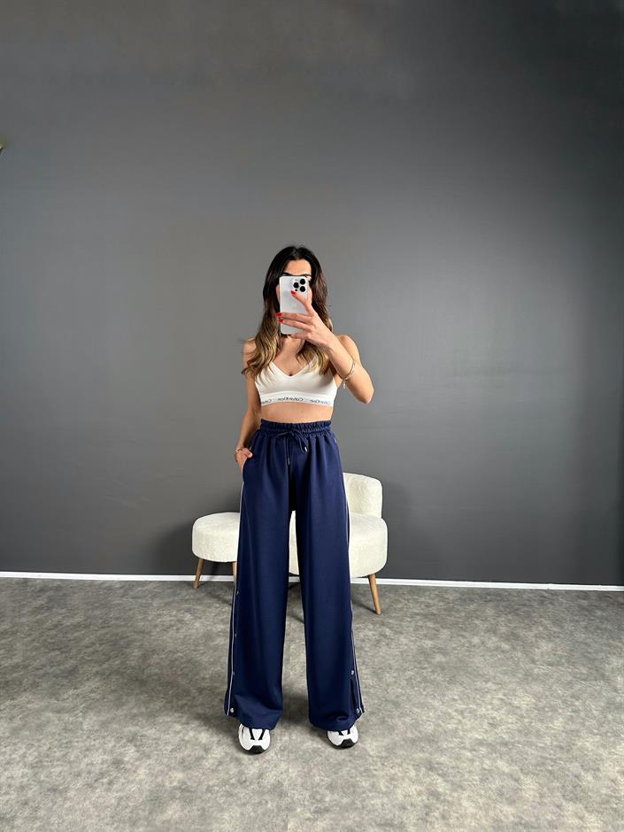 Lacivert Şeritli Çıtçıt Düğmeli Eşofman Altı