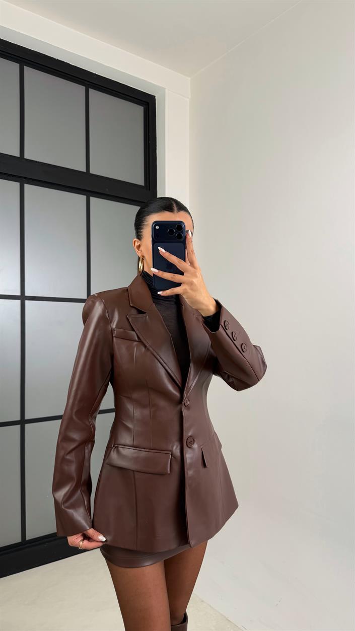 Kahve Astarlı Vatkalı Blazer Ceket Etek Premium Deri Takım GAUS-00657