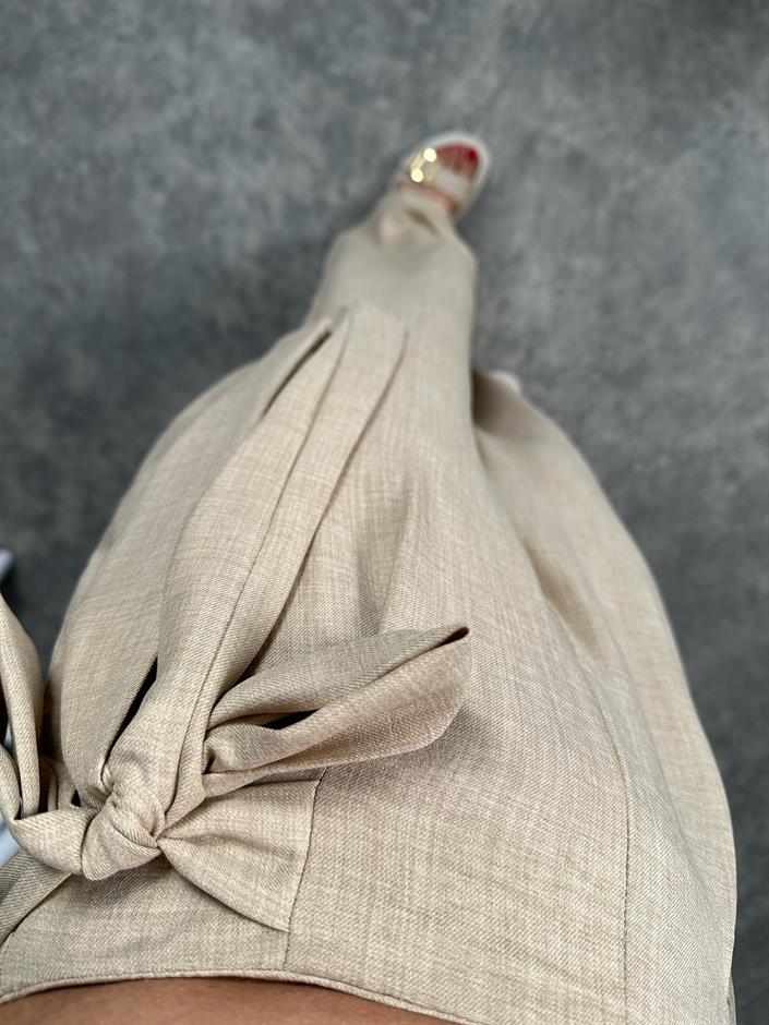 Loci Bej Belden Bağlamalı Yüksek Bel Pantolon