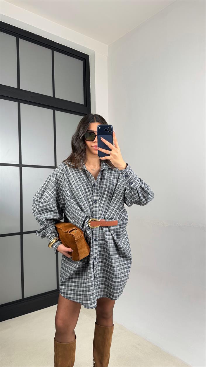 Yeşil Ekose Desenli Kemerli Tasarım Elbise GAUS-01162