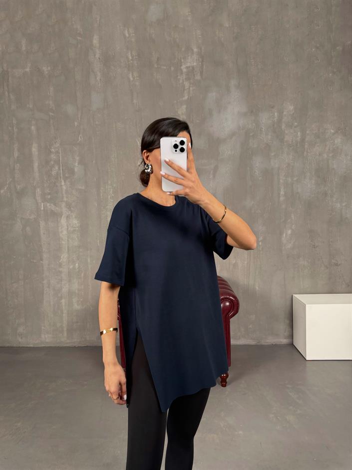 Lacivert Yandan Yırtmaçlı Bisiklet Yaka Tshirt Gaus00045
