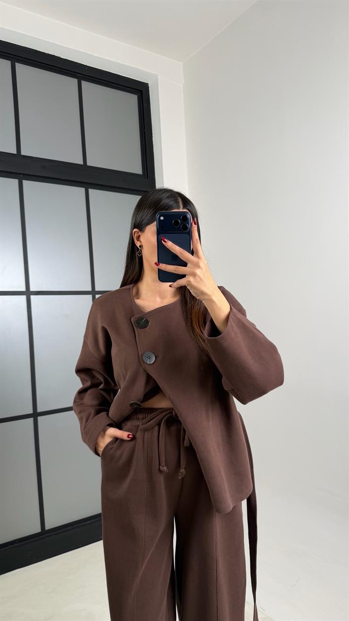 Kahve Düğmeli Kuşaklı Ceket Beli Lastikli Şalvar İkili Premium Selanik Takım GAUS-00777