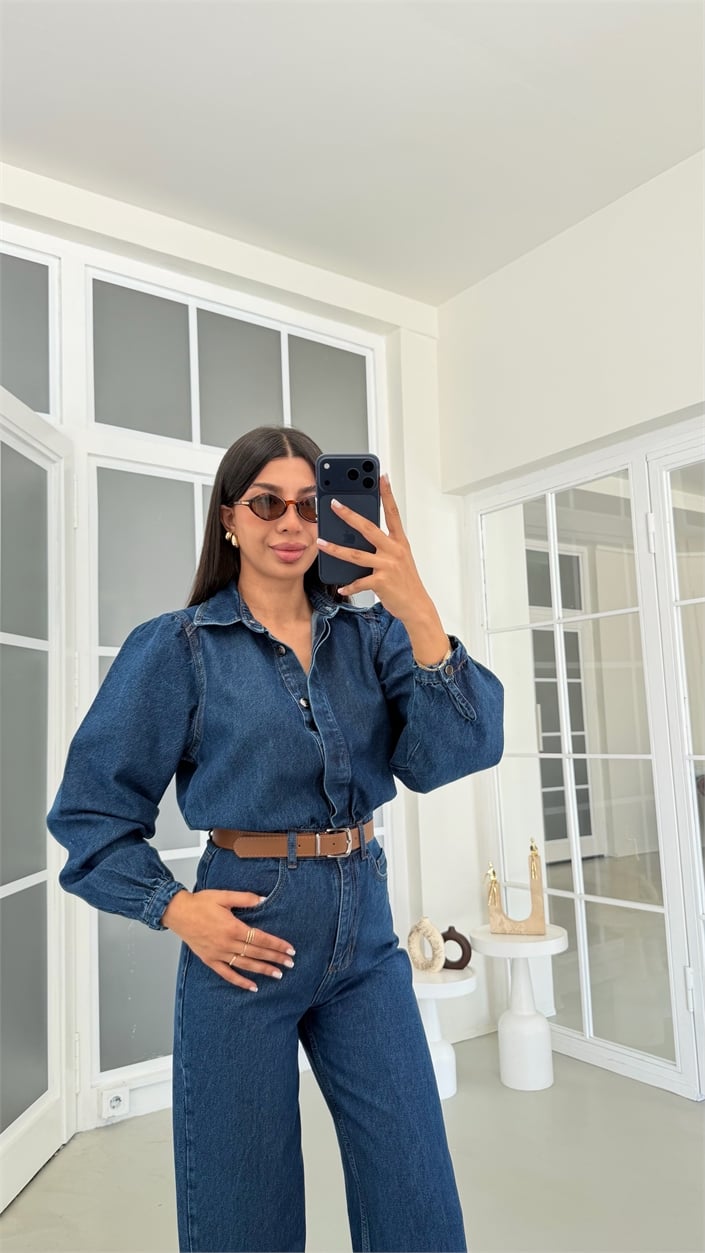 Koyu Mavi Kemerli Premium Denim Tulum GAUS-02123