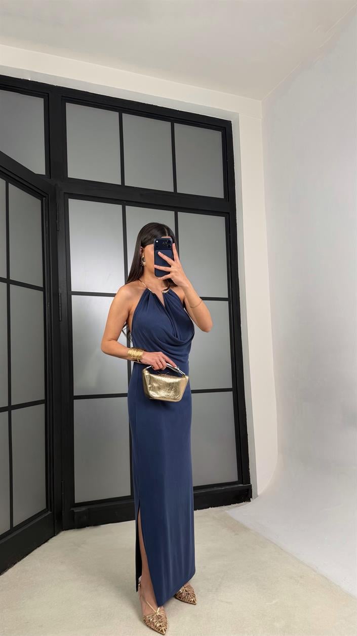 Lacivert Kolye Detaylı Premium Modal Kumaş Elbise GAUS-01367