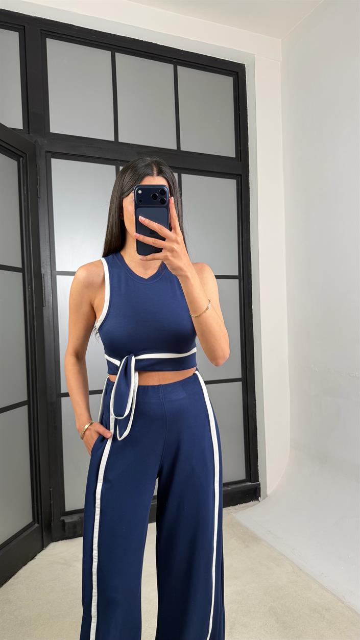 Lacivert Bağlama Detaylı Bluz Beli Lastikli Pantolon Biyeli Modal Takım GAUS-01473