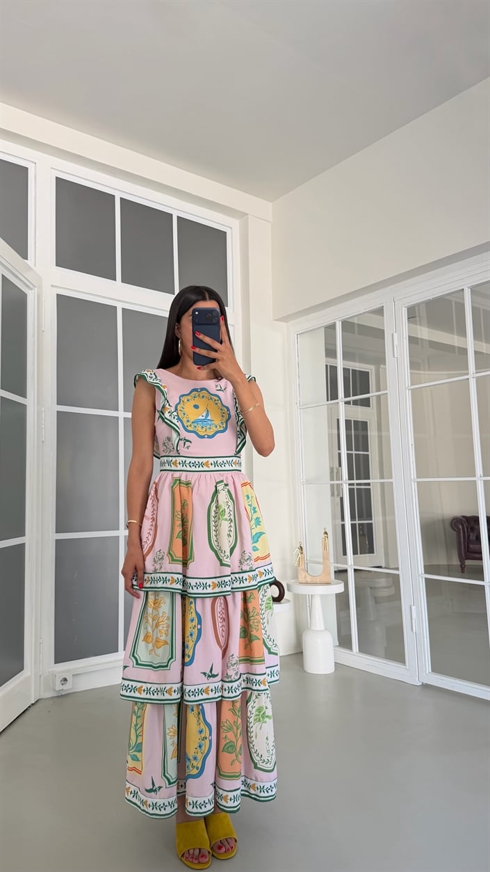 Çok Renkli Desenli Katlı Pinterest Elbise GAUS-01819