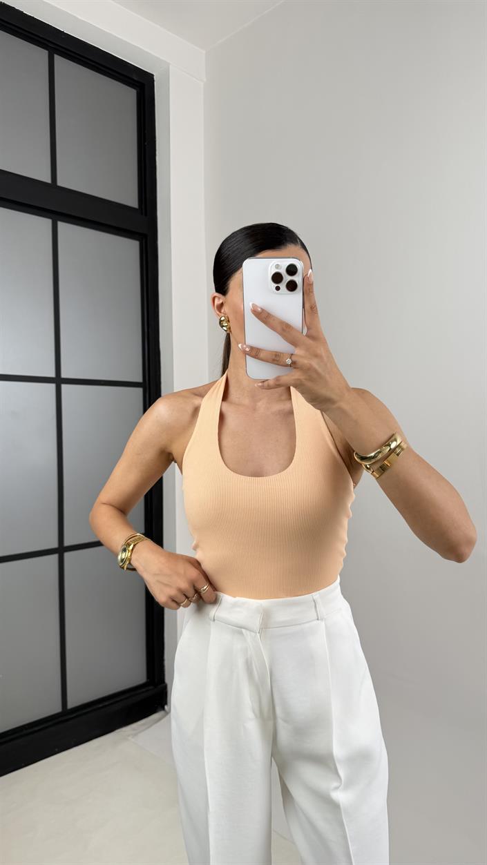 Somon Boyundan Askılı Triko Crop Gaus00592