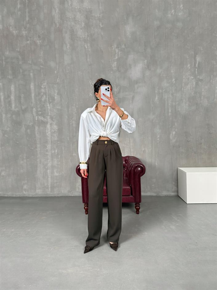 Sagura Kahve Beli Lastikli Cepli Premium Pantolon