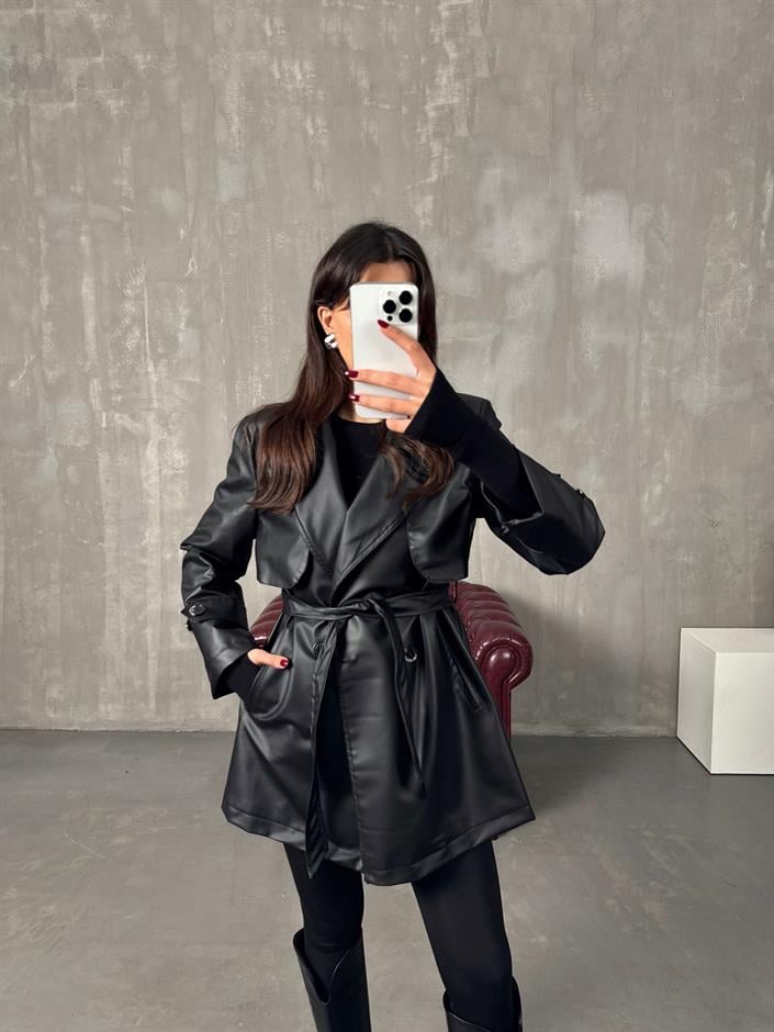 Doris Siyah Astarlı Kuşaklı Deri Orta Boy Trençkot