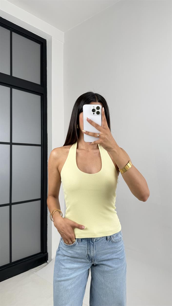 Sarı Boyundan Askılı Triko Crop Gaus00592