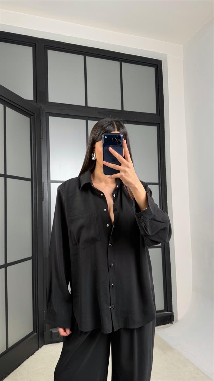 Siyah Vatkalı Gömlek Kemerli Pantolon İkili Tencel Takım GAUS-01319