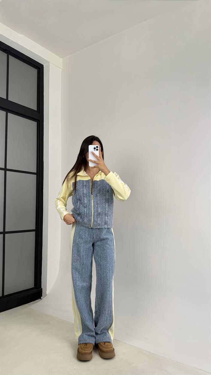 Sarı Şeritli Denim Detaylı Ceket Beli Lastikli Pantolon İkili Takım GAUS-00113