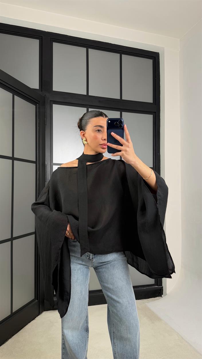 Siyah Yarasa Kol Fular Detaylı Transparan Bluz GAUS-01294