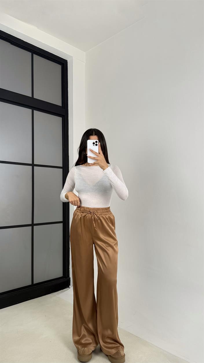 Kahve Beli Lastikli Cepli Saten Pantolon GAUS-0090
