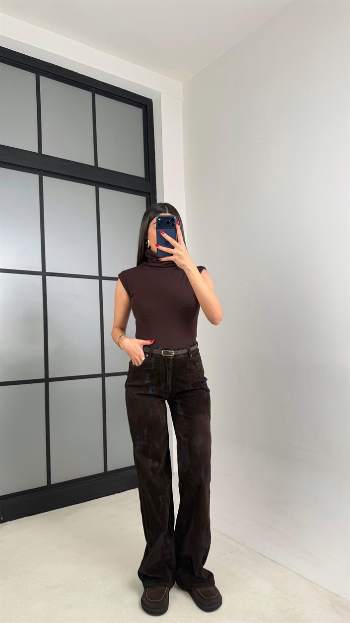 Acı Kahve Kemerli Desenli Kadife Premium Pantolon GAUS-00947