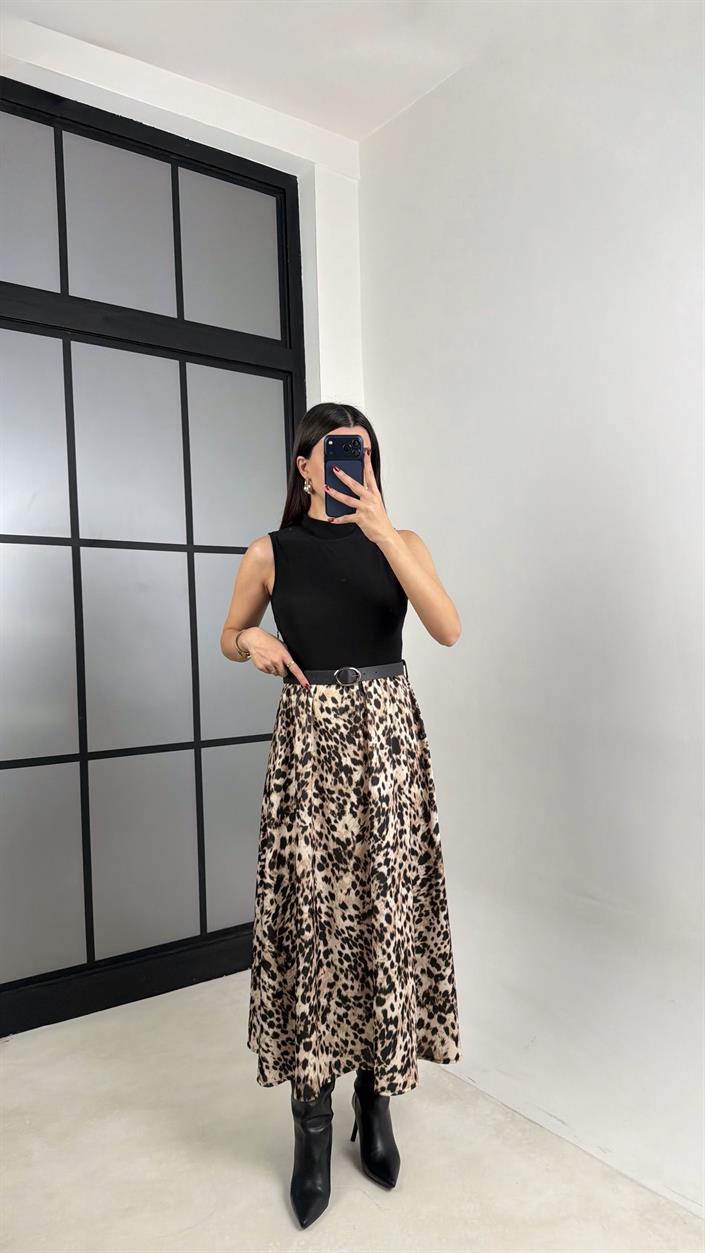 Siyah Sıfır Kol Kemerli Leopar Desenli Elbise GAUS-00678