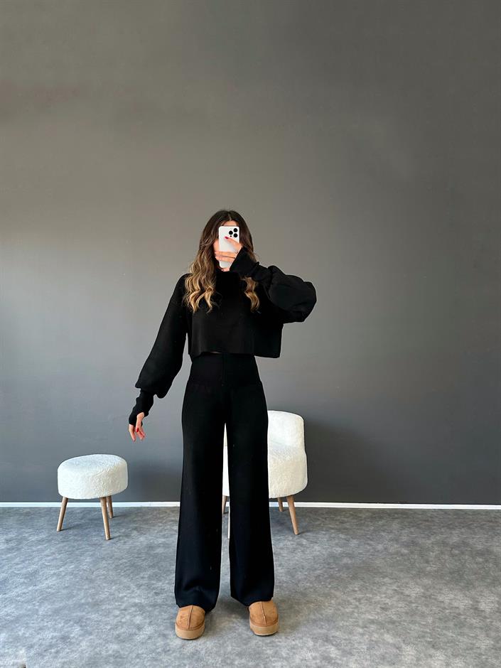 Li Siyah Crop Pantolon Triko Takım