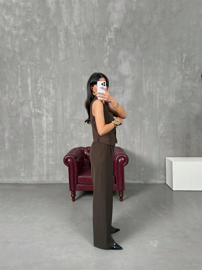 Diana Kahve Fiyonk Düğmeli Astarlı Yelek Pantolon İkili Premium Takım