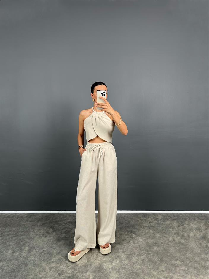 Pony Taş Keten Karışımlı Crop Pantolon Takım