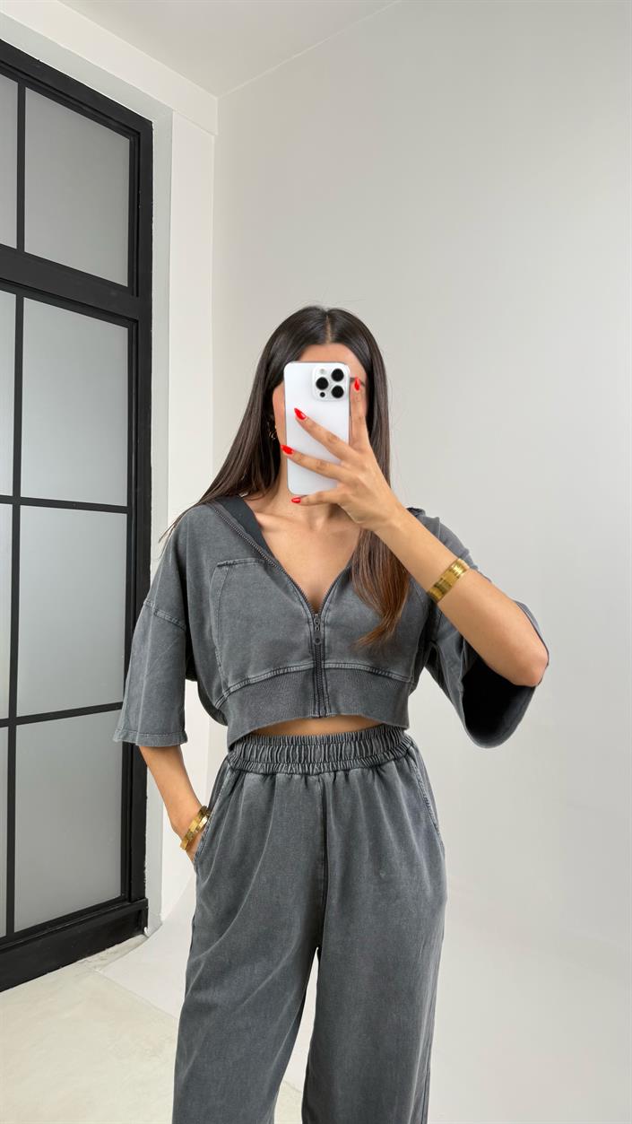 Antrasit Yıkama Desenli Kapüşonlu Crop Hırka Beli Lastikli Pantolon İkili Premium Takım GAUS-0063