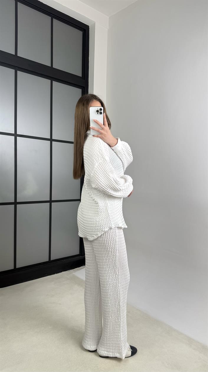 Beyaz Gömlek Beli Lastikli Pantolon İkili Bürümcük Takım GAUS-01089