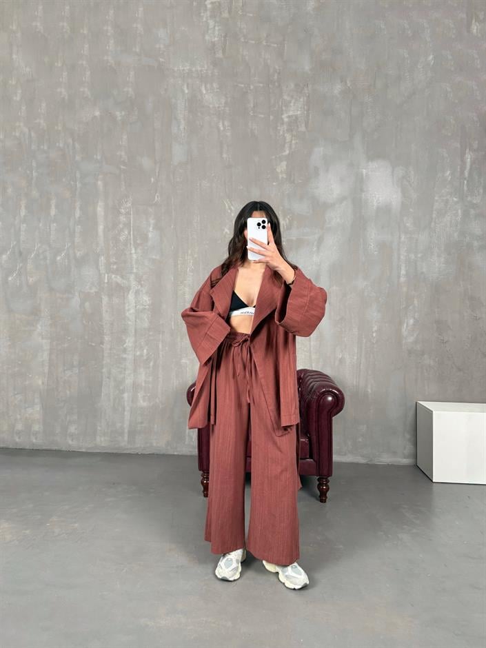 Sansa Kiremit Kuşaklı Keten Kimono Takım