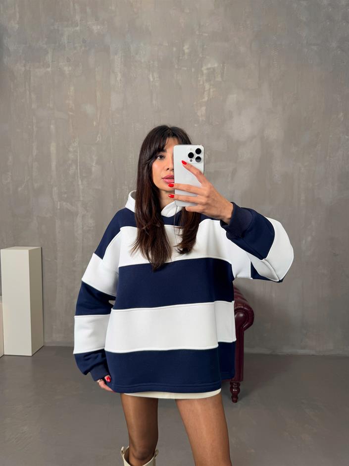Nicol Lacivert Beyaz Çizgili ZR Model Sweatshirt