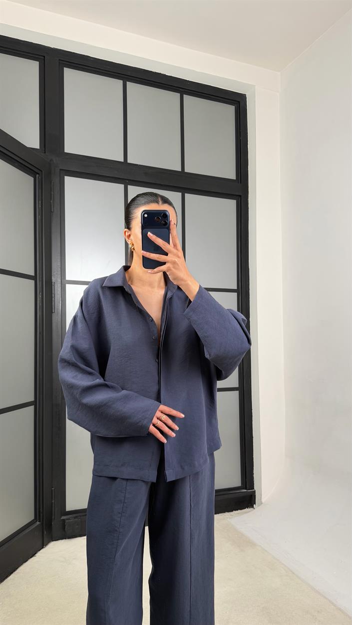 Lacivert Gömlek Beli Lastikli Pantolon Premium Tencel Kumaş Takım GAUS-01525