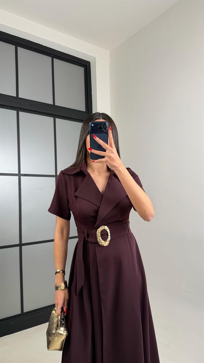 Mürdüm Gold Toka Kuşaklı Krep Kumaş Uzun Elbise GAUS-00974