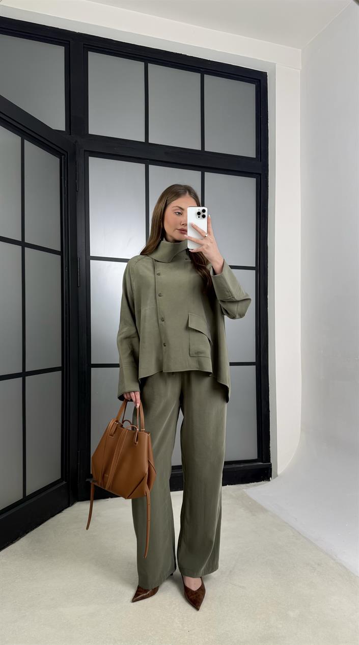 Yeşil Gömlek Beli Lastikli Pantolon Cep Detaylı Muadil Tencel Takım GAUS-01225