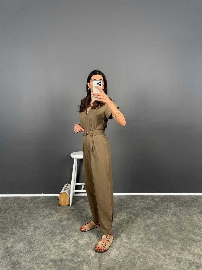 Tatissi Haki Kemer Bağlamalı V Yaka Keten Tulum