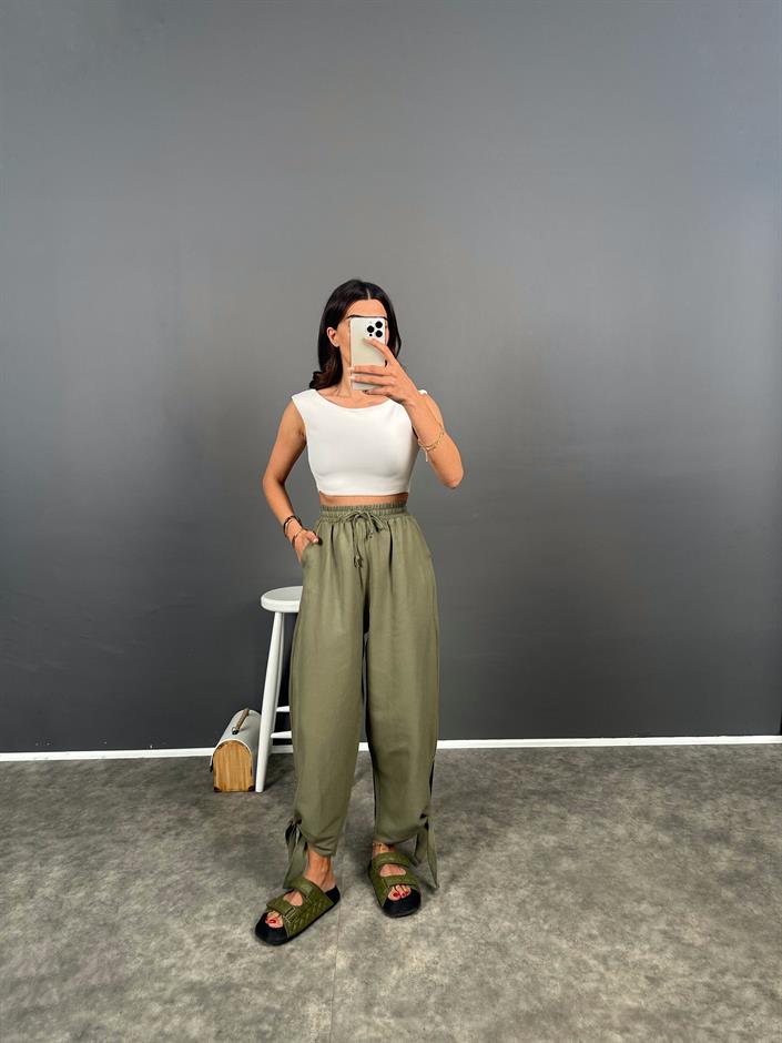 Haki Paçası Bağlamalı Rahat Dokuma Pantolon