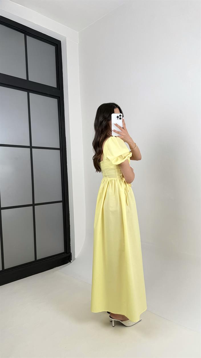 Sarı Balon Kol Önü Büzgülü İthal Kumaş Elbise Gaus00425