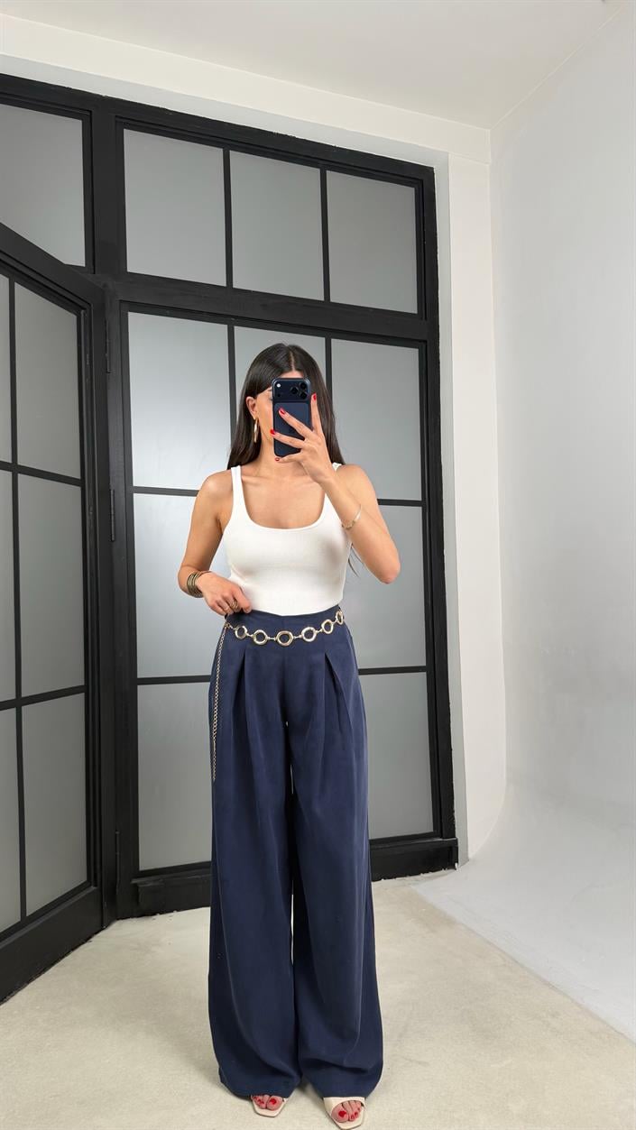 Lacivert Gold Zincirli Kemer Muadil Tencel Pantolon GAUS-01556