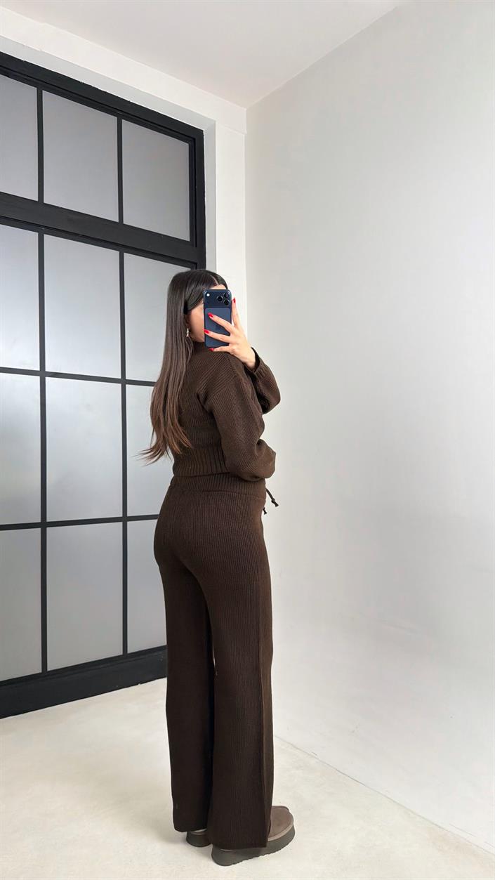 Acı Kahve Çift Fermuarlı Hırka Pantolon Triko Takım GAUS-00951