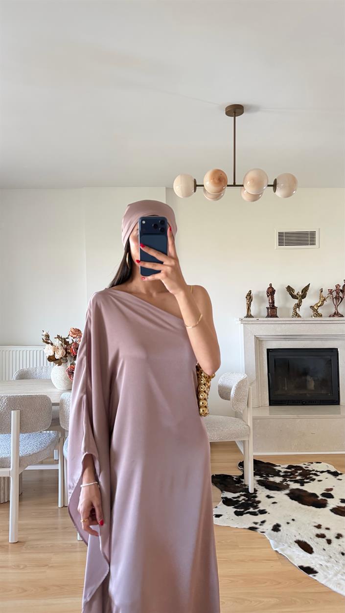 Pudra Pembe Bandanalı Tek Omuz Saten Elbise GAUS-01645