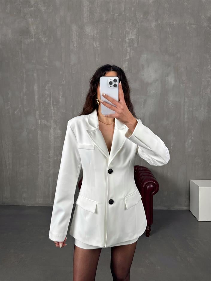 Talisa Beyaz Astarlı Ceket Etek Premium İkili Takım