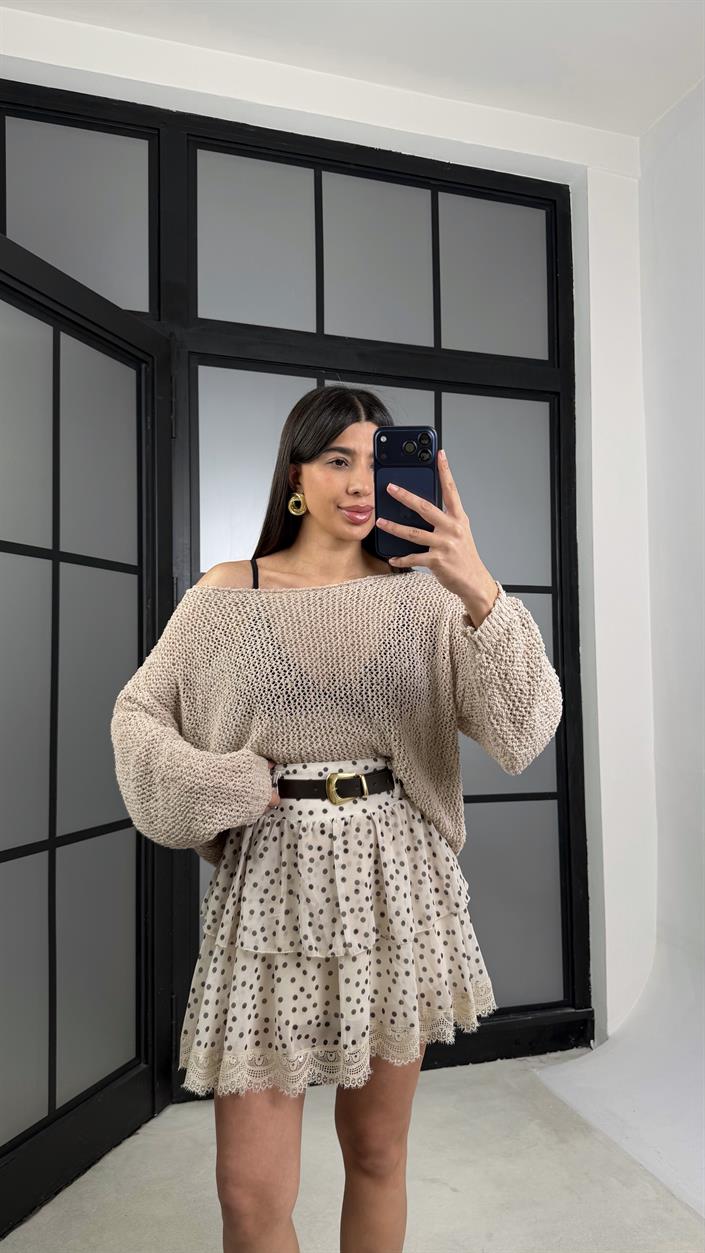 Taş Kemerli Katlı Puantiye Desenli Etek PNY07 GAUS-01322