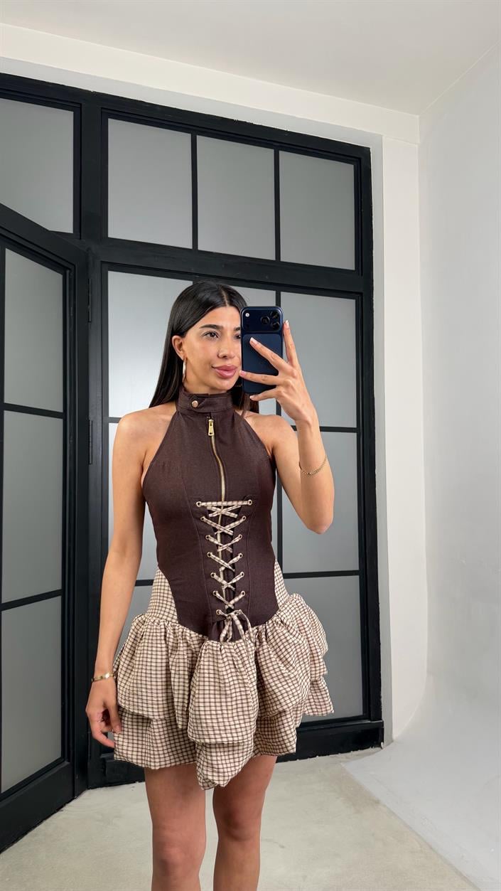Acı Kahve Korse Detaylı Kareli Elbise GAUS-01531