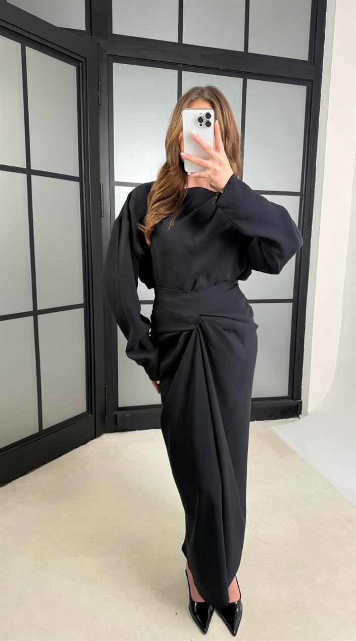 Siyah Drape Detaylı Etek Bluz Tencel Takım GAUS-01176