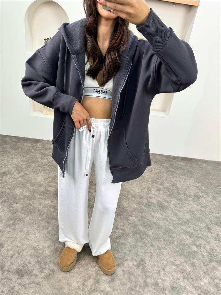 Khloe Antrasit Üç İplik Şardonlu Kapüşonlu Fermuarlı Sweatshirt