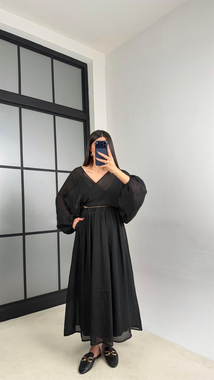 Siyah Transparan Üst Beli Lastikli Astarlı Etek Takım GAUS-01111