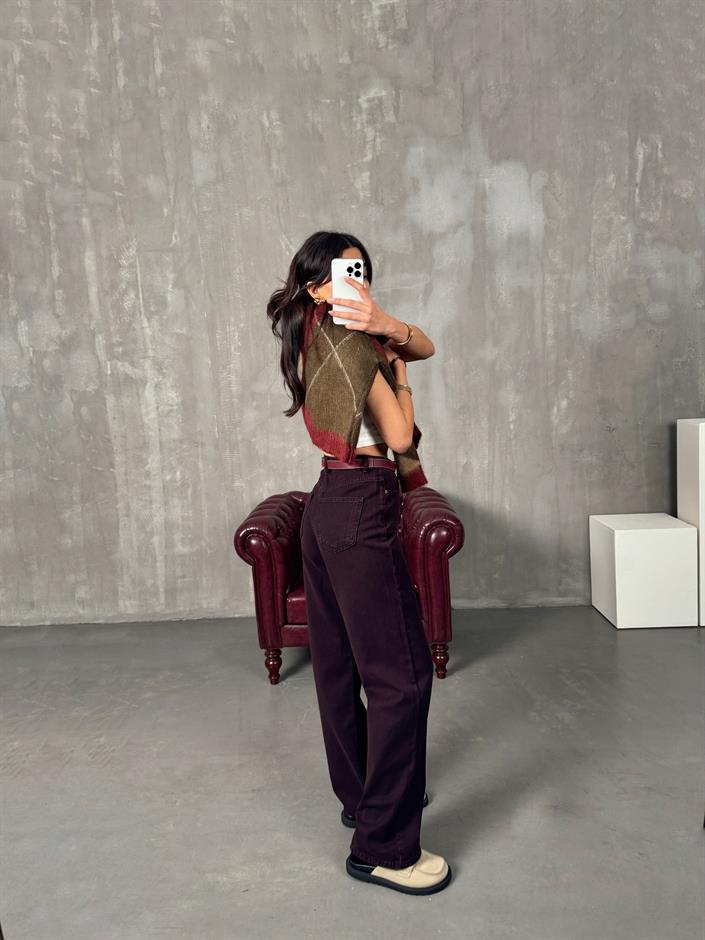 Targi Bordo Yüksek Bel Wide Leg Jean