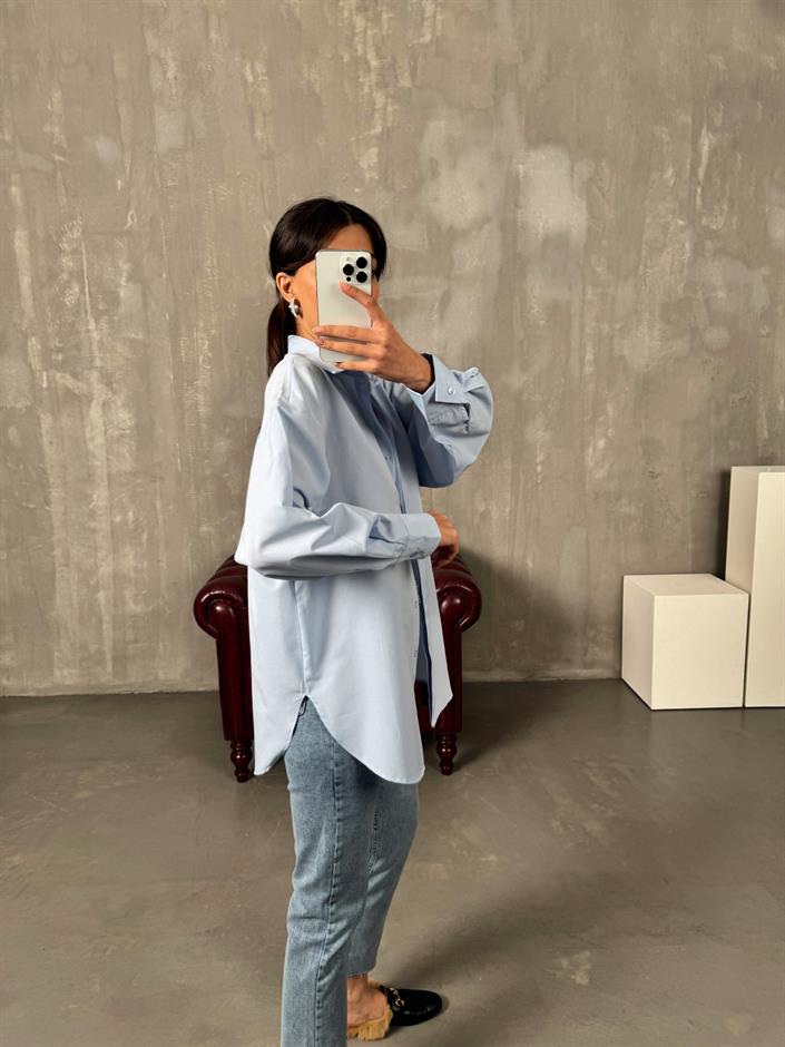 Rese Mavi Basic Gizli Düğmeli Oversize Gömlek