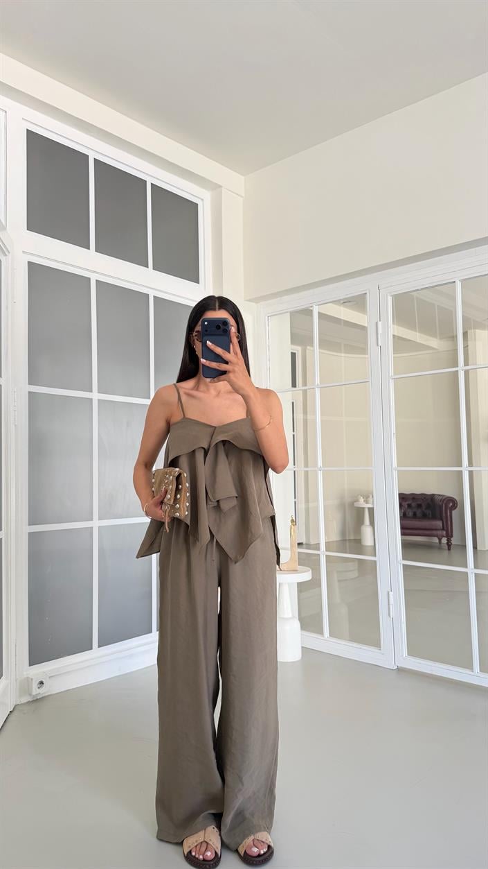 Haki Fırfırlı Bluz Beli Lastikli Pantolon İkili MD Muadil Tencel Takım GAUS-01605