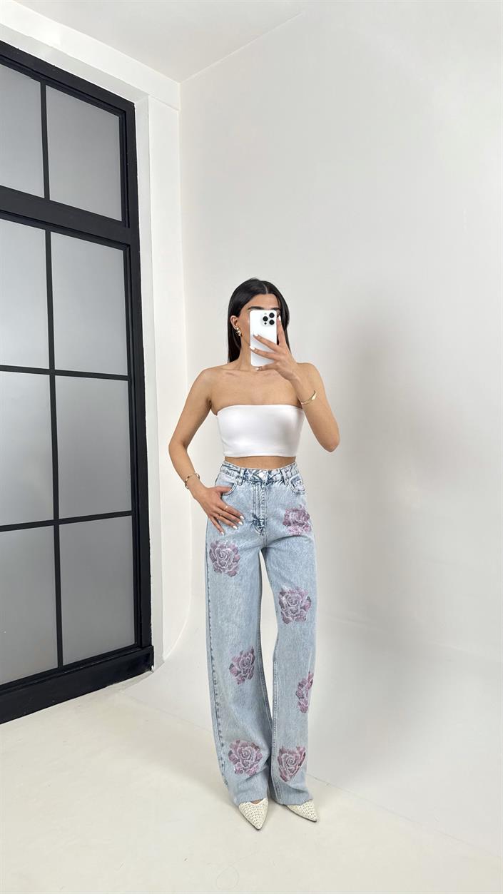 Mavi Taş Gül İşlemeli Kesik Paça Tasarım Jean Gaus00380