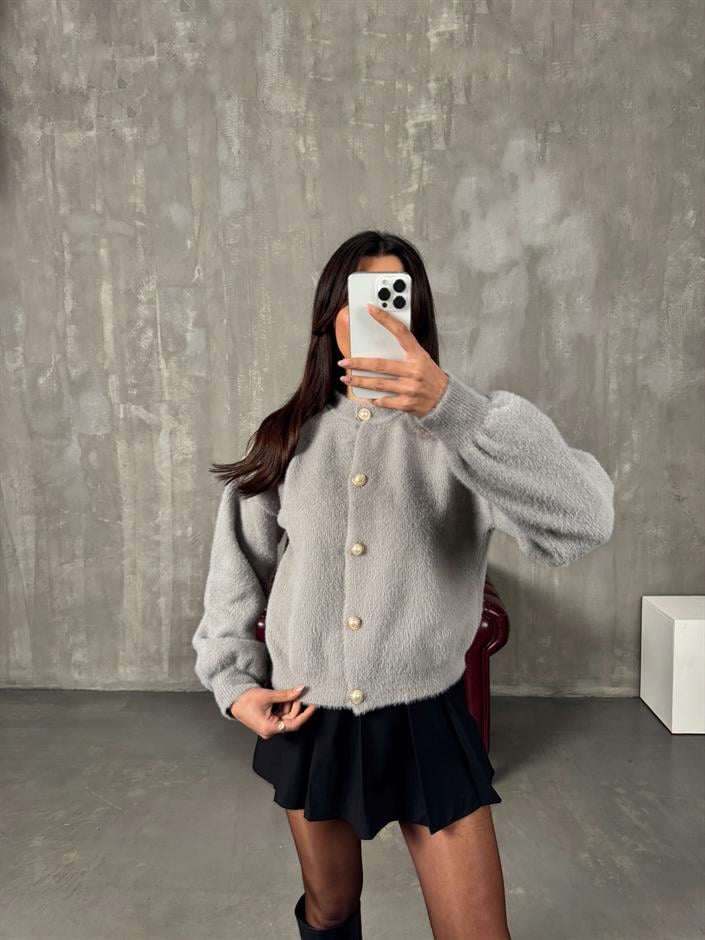 Talin Gri İnci Düğmeli Yumuşak Triko Hırka