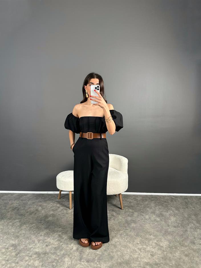 Nick Siyah Keten Kemerli Balon Kol Tulum