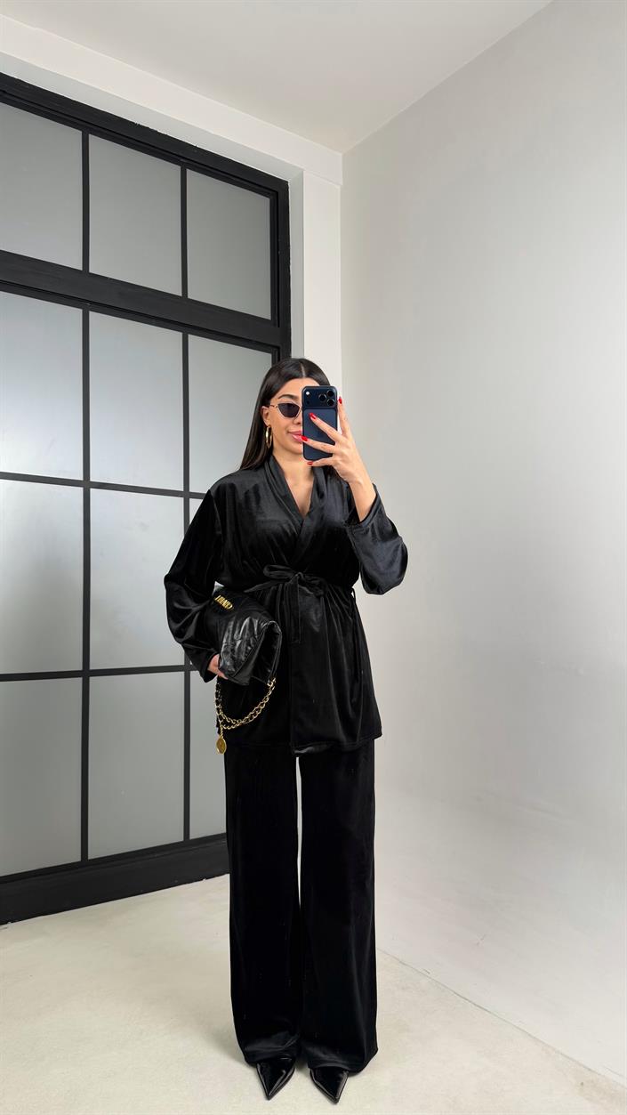 Siyah Kuşaklı Kimono Beli Lastikli Pantolon İkili Kadife Takım GAUS-01015
