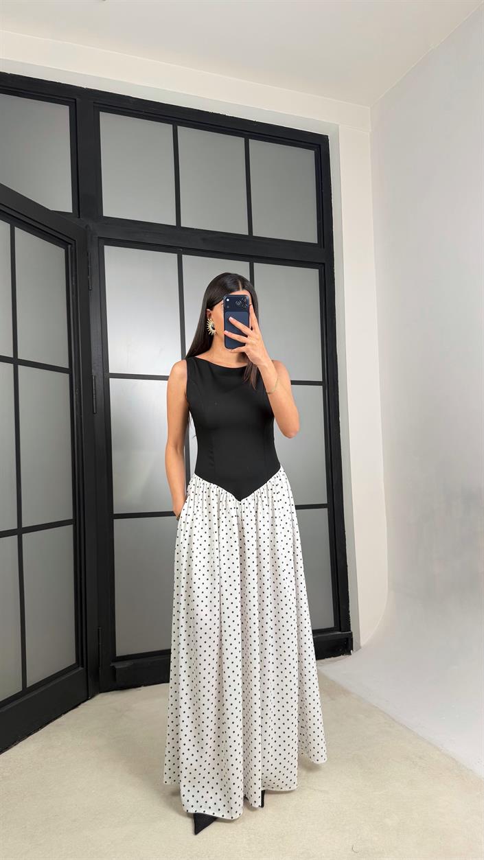 Siyah Belden Oturtmalı Puantiyeli Elbise PNY07 GAUS-01326